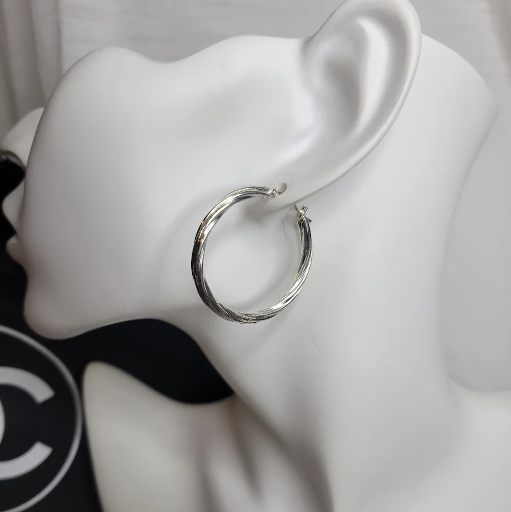 Vintage,925 Italy Stamped Fine Solid Silver 1.2 Hoop Twisted Rope Design Earings - Picture 2 of 3